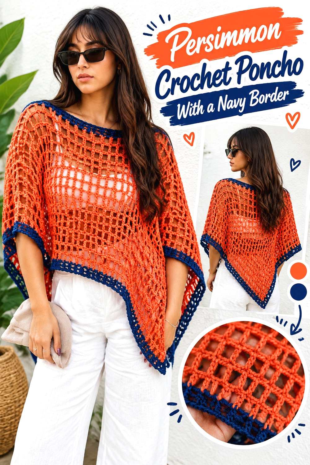 11. Persimmon Crochet Poncho With A Navy Border