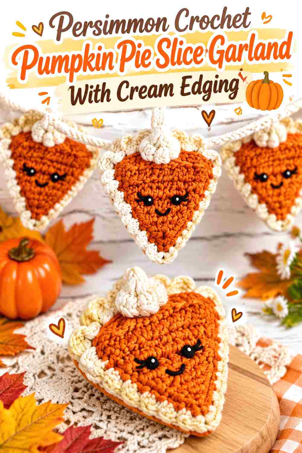 4. Persimmon Crochet Pumpkin Pie Slice Garland With Cream Edging
