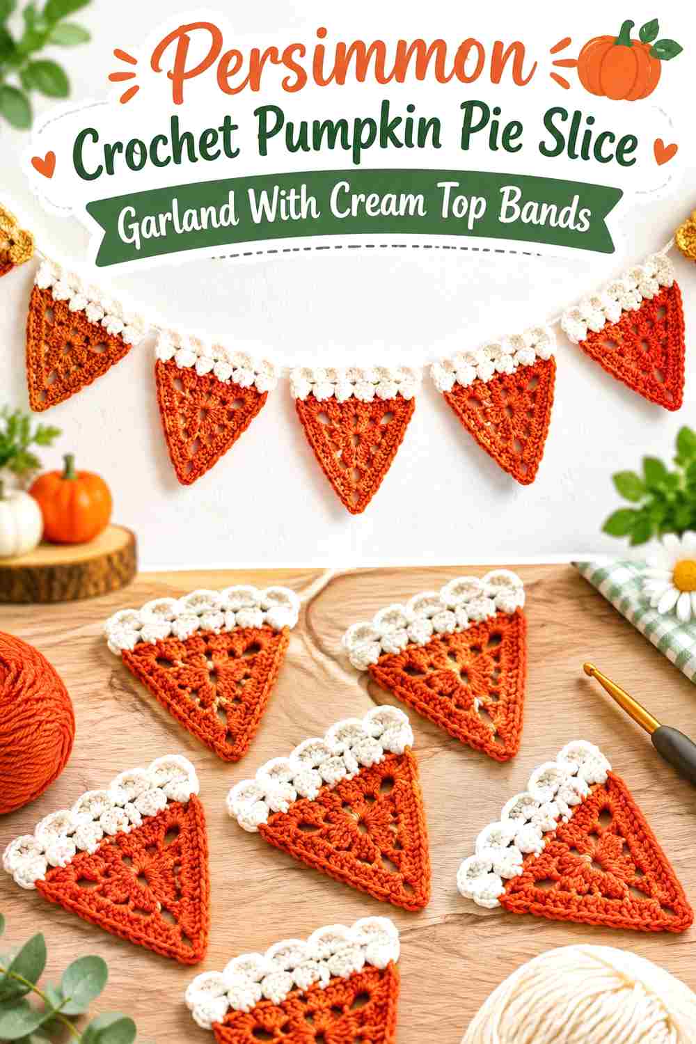 9. Persimmon Crochet Pumpkin Pie Slice Garland With Cream Top Bands