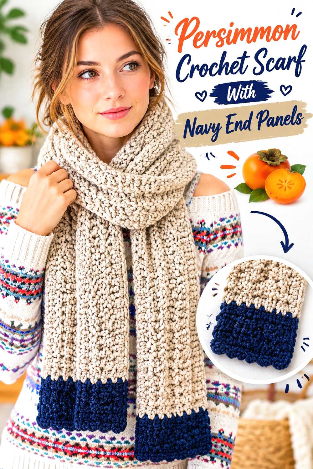 5. Persimmon Crochet Scarf With Navy End Panels