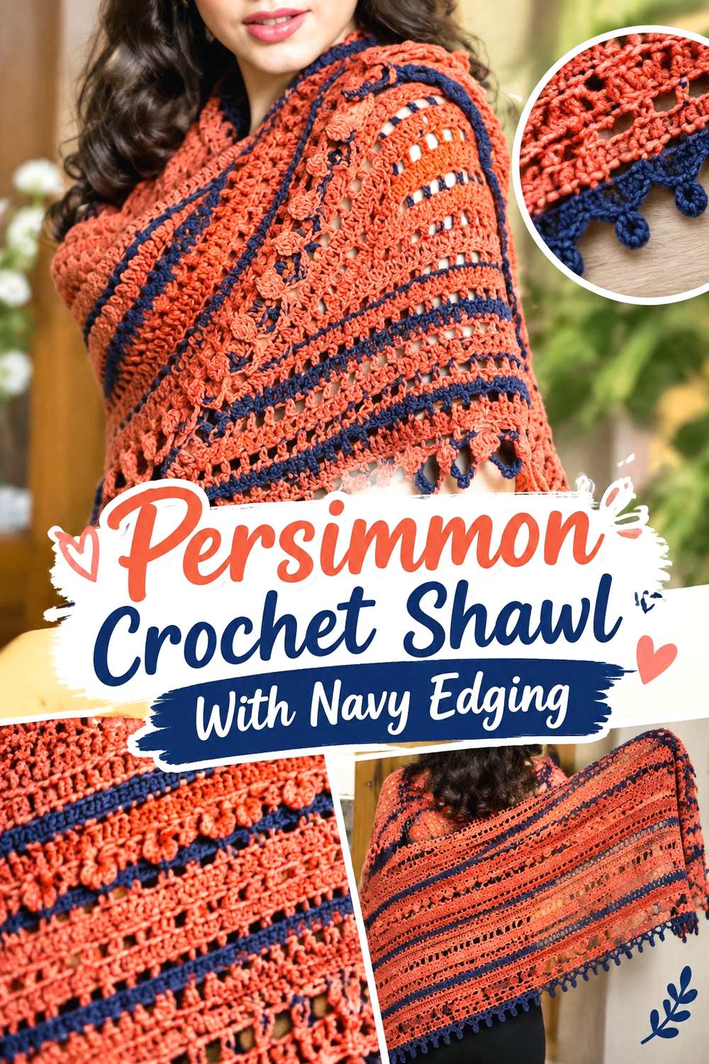 14. Persimmon Crochet Shawl With Navy Edging