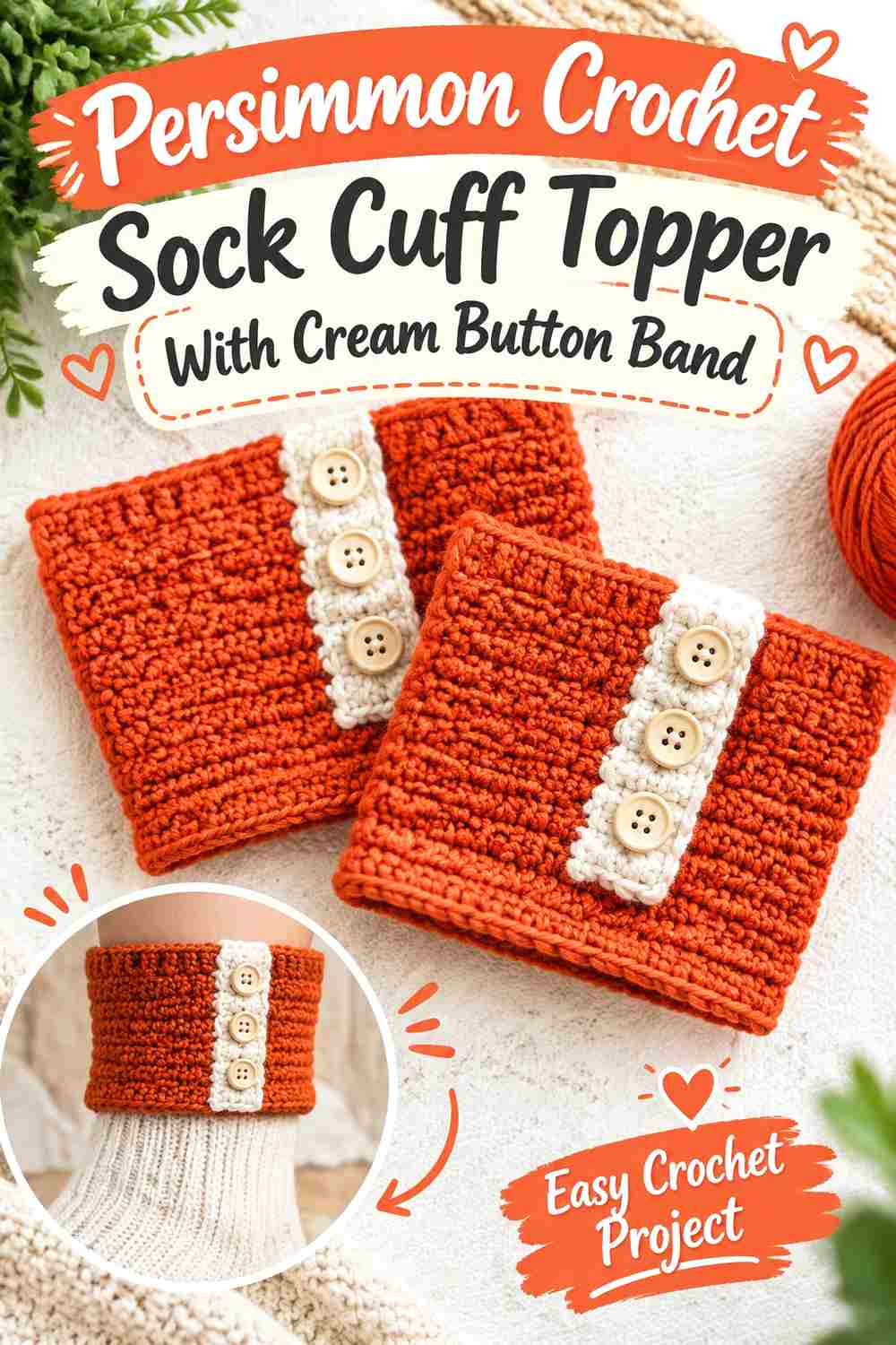 7. Persimmon Crochet Sock Cuff Topper With Cream Button Band