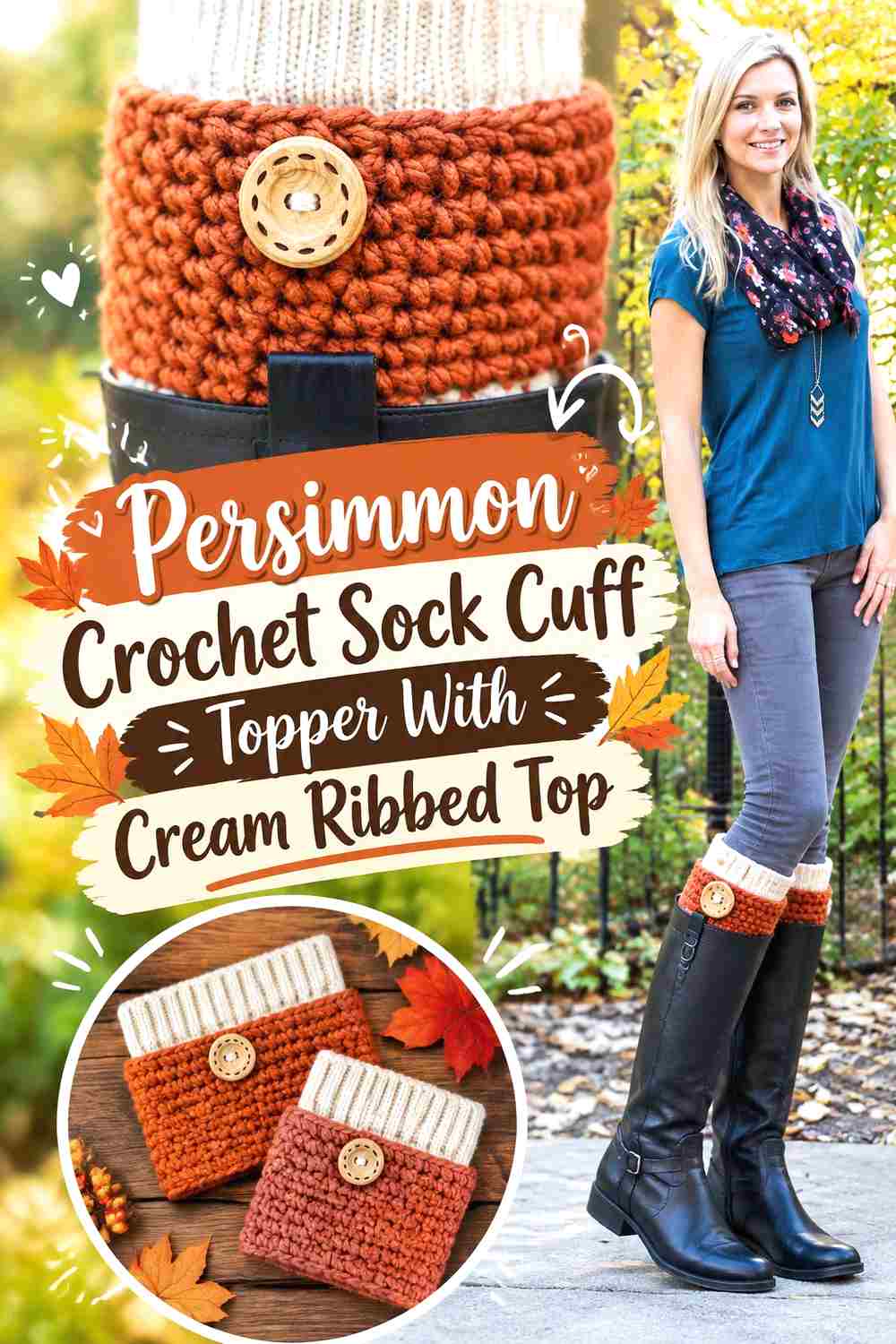 9. Persimmon Crochet Sock Cuff Topper With Cream Ribbed Top