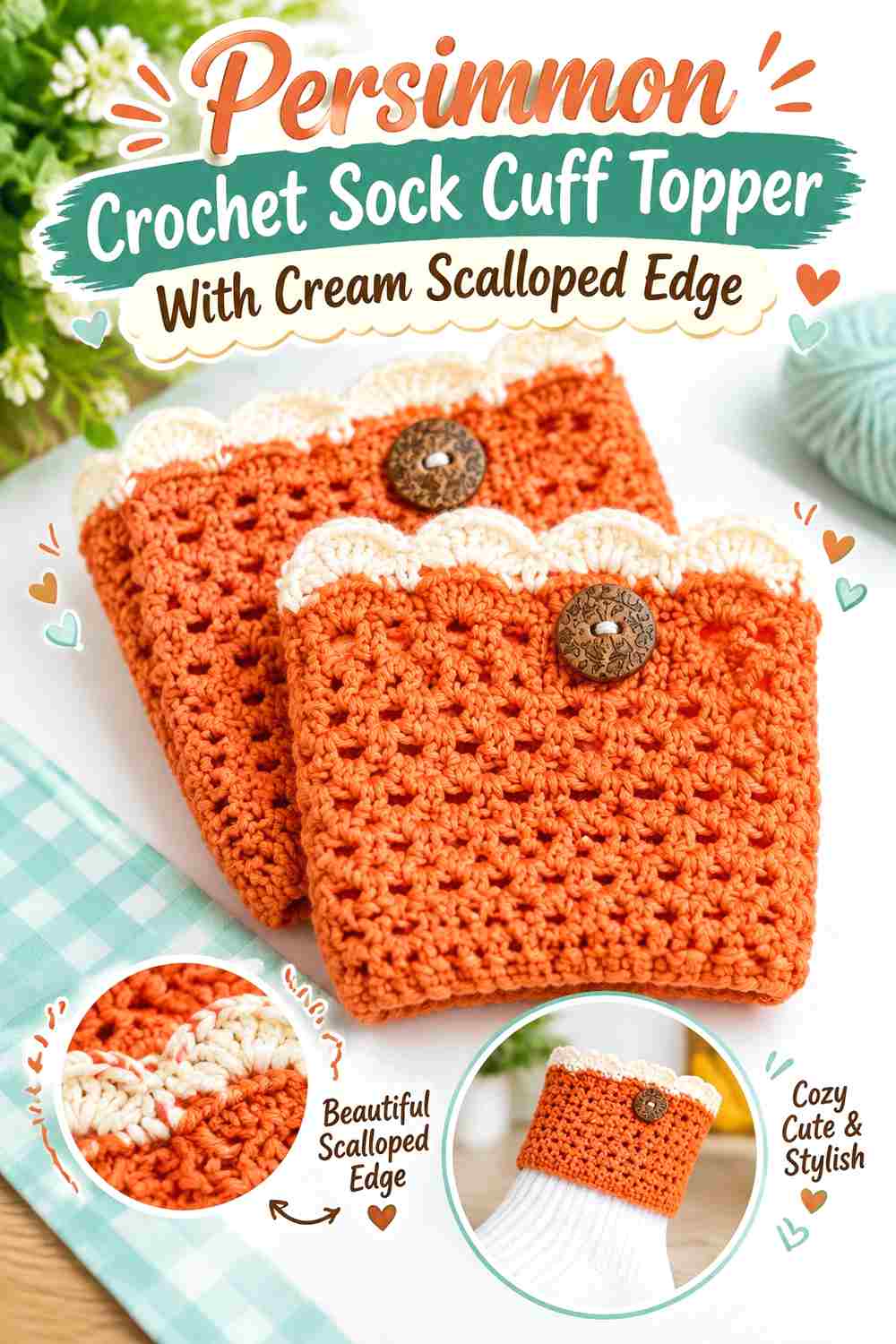 3. Persimmon Crochet Sock Cuff Topper With Cream Scalloped Edge