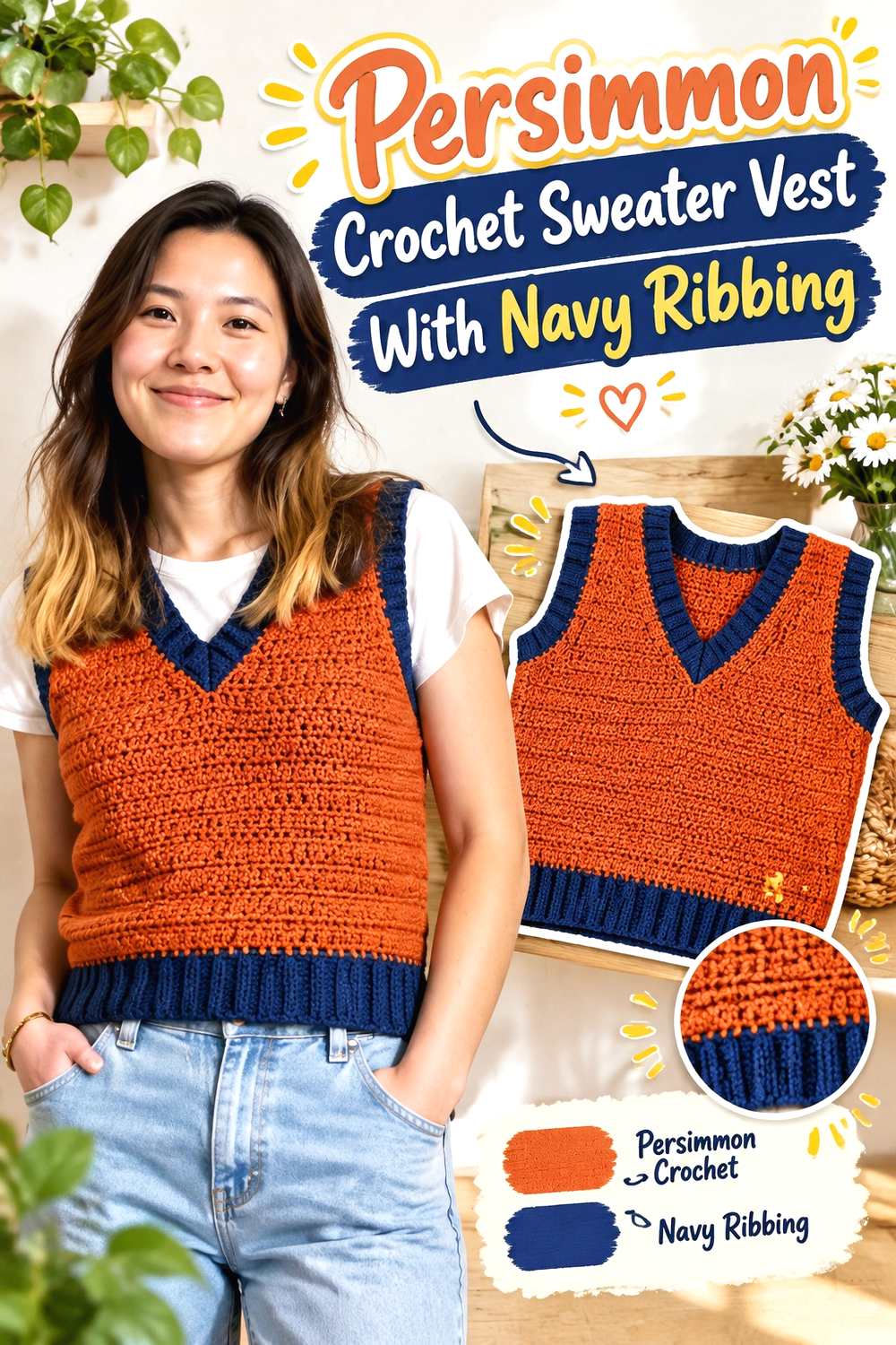 2. Persimmon Crochet Sweater Vest With Navy Ribbing