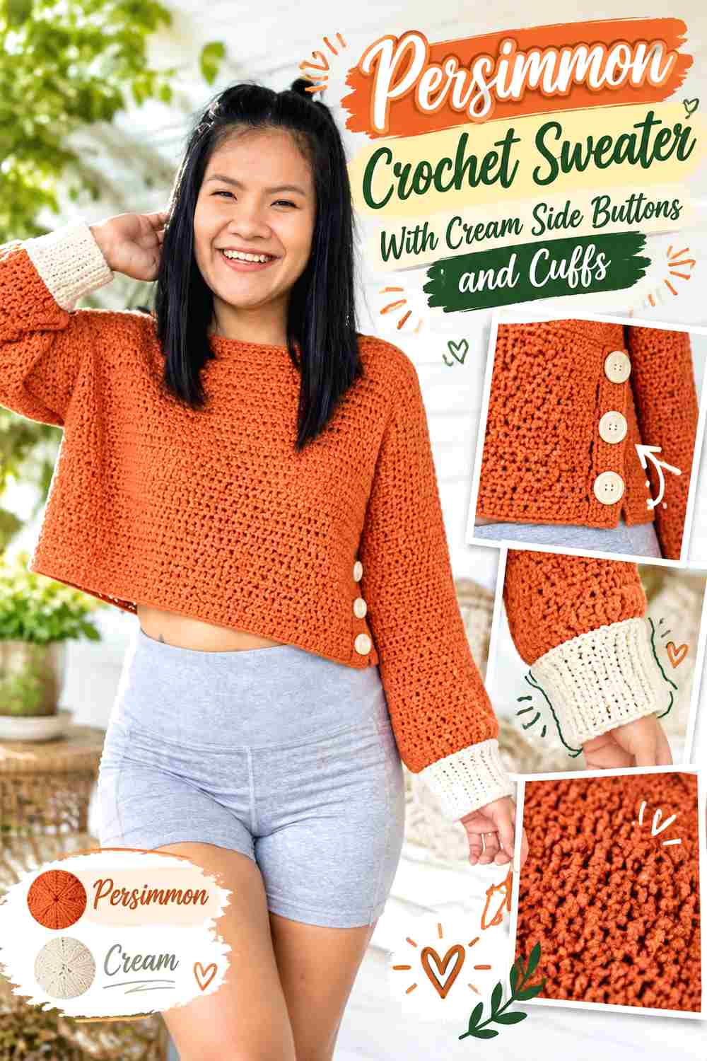 12. Persimmon Crochet Sweater With Cream Side Buttons And Cuffs