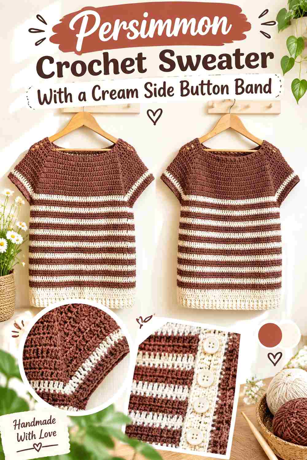 14. Persimmon Crochet Sweater With A Cream Side Button Band