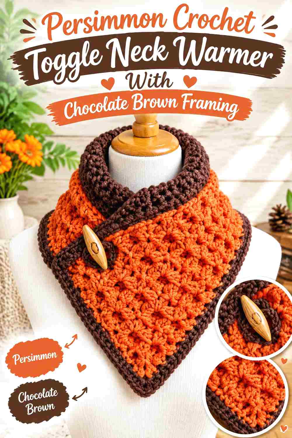 8. Persimmon Crochet Toggle Neck Warmer With Chocolate Brown Framing