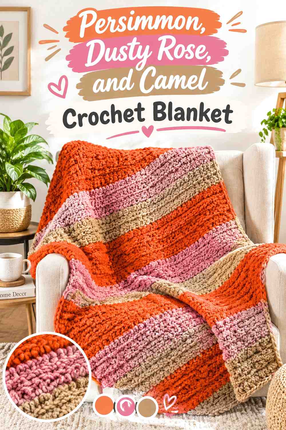 3. Persimmon Dusty Rose And Camel Crochet Blanket