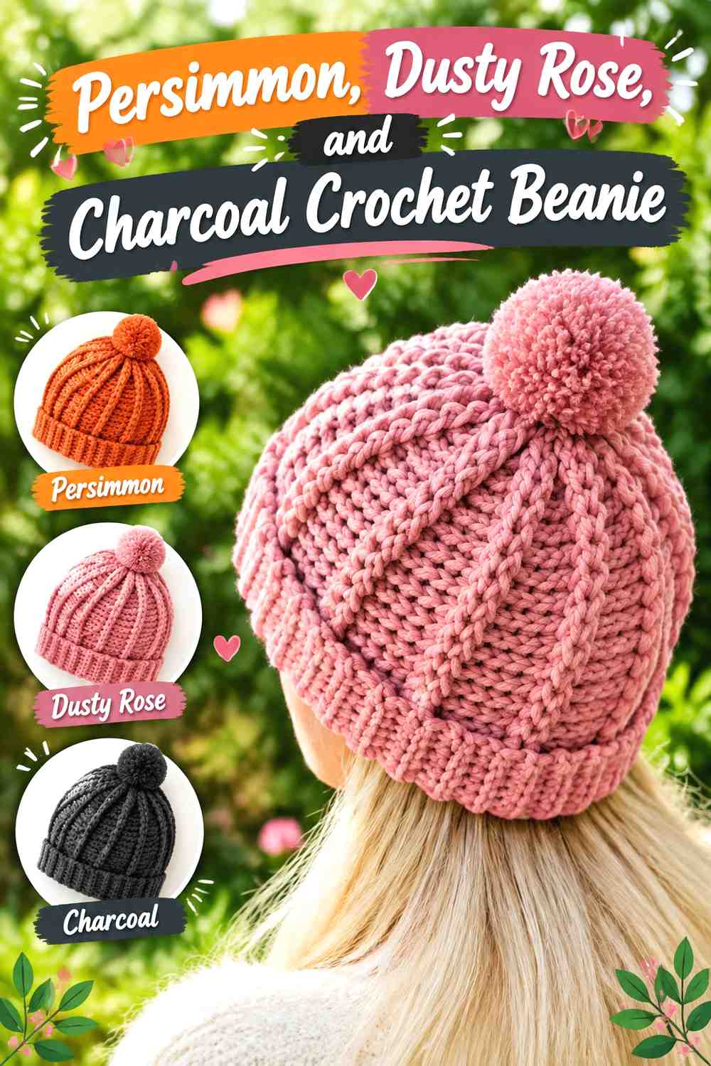 6. Persimmon Dusty Rose And Charcoal Crochet Beanie