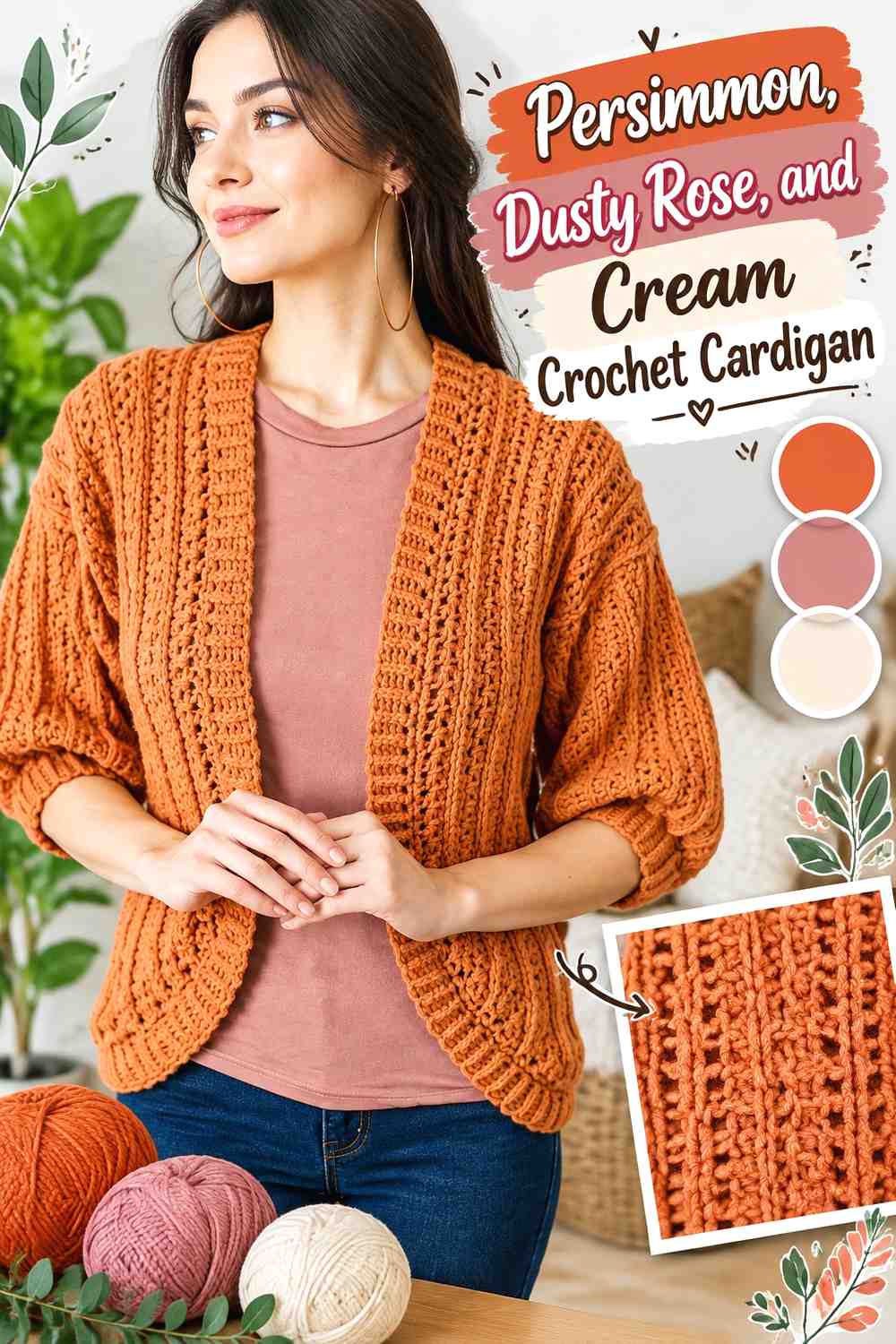 1. Persimmon Dusty Rose And Cream Crochet Cardigan