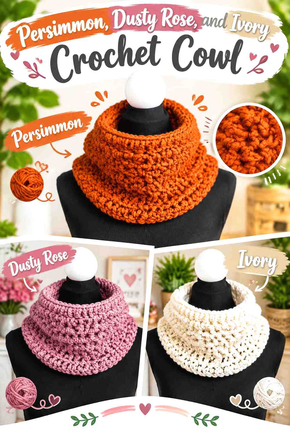 10. Persimmon Dusty Rose And Ivory Crochet Cowl