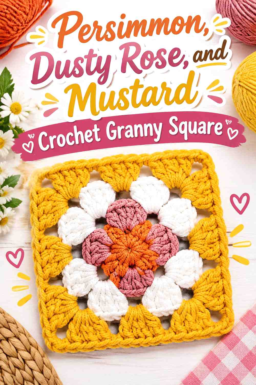 13. Persimmon Dusty Rose And Mustard Crochet Granny Square
