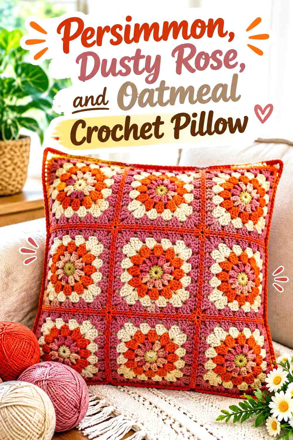 2. Persimmon Dusty Rose And Oatmeal Crochet Pillow