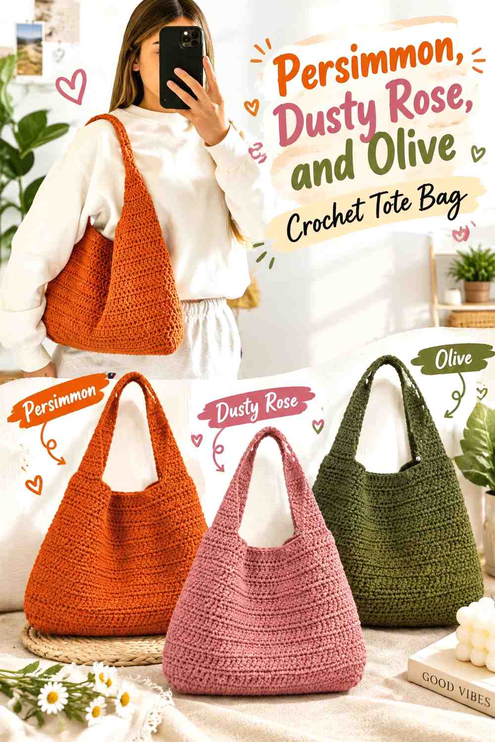 4. Persimmon Dusty Rose And Olive Crochet Tote Bag
