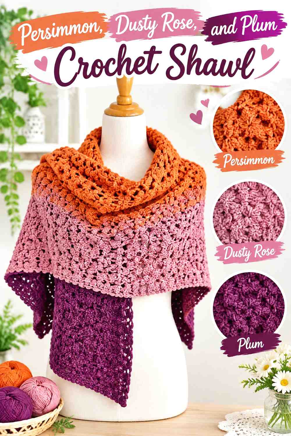 7. Persimmon Dusty Rose And Plum Crochet Shawl