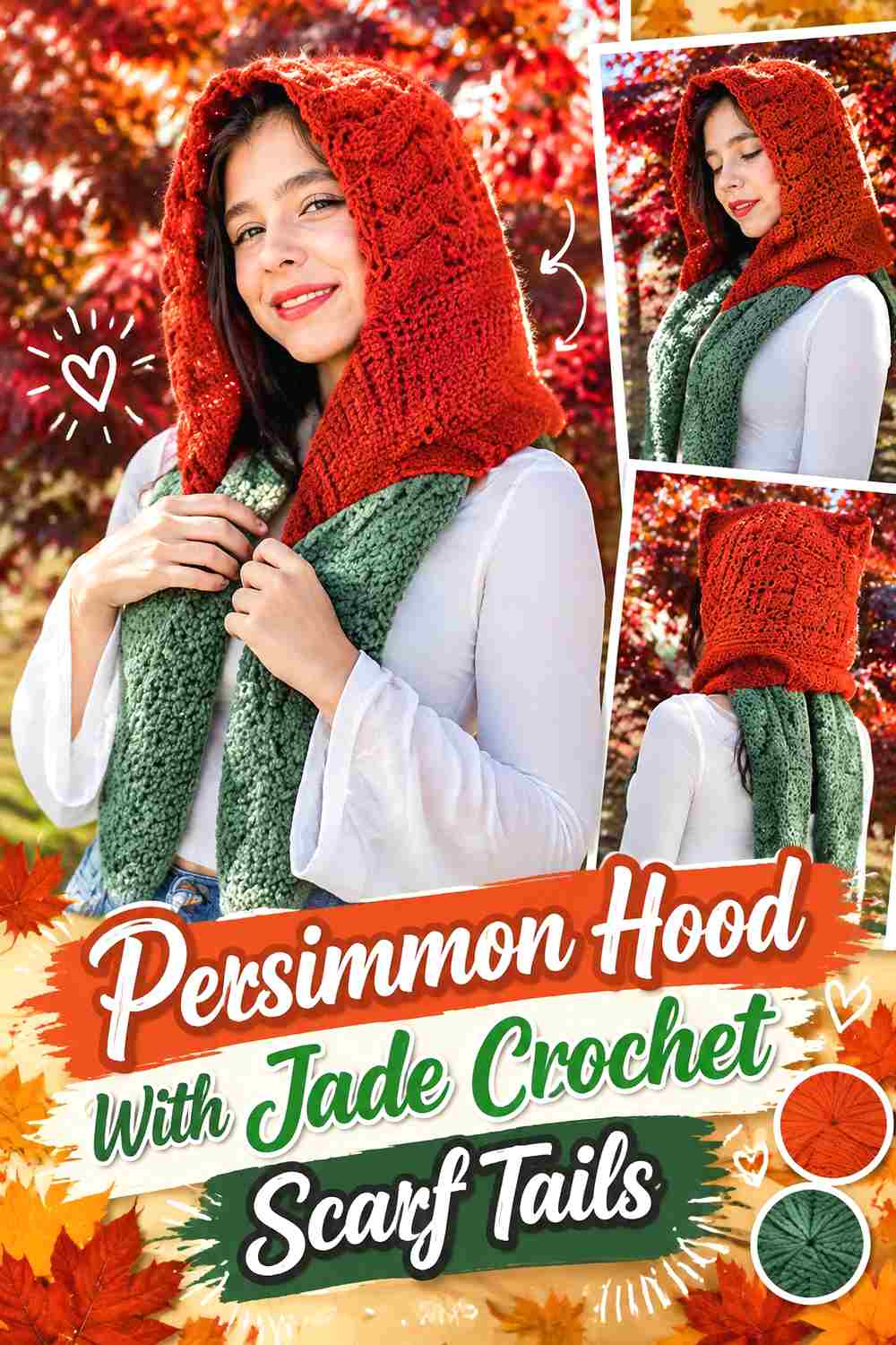 1. Persimmon Hood With Jade Crochet Scarf Tails