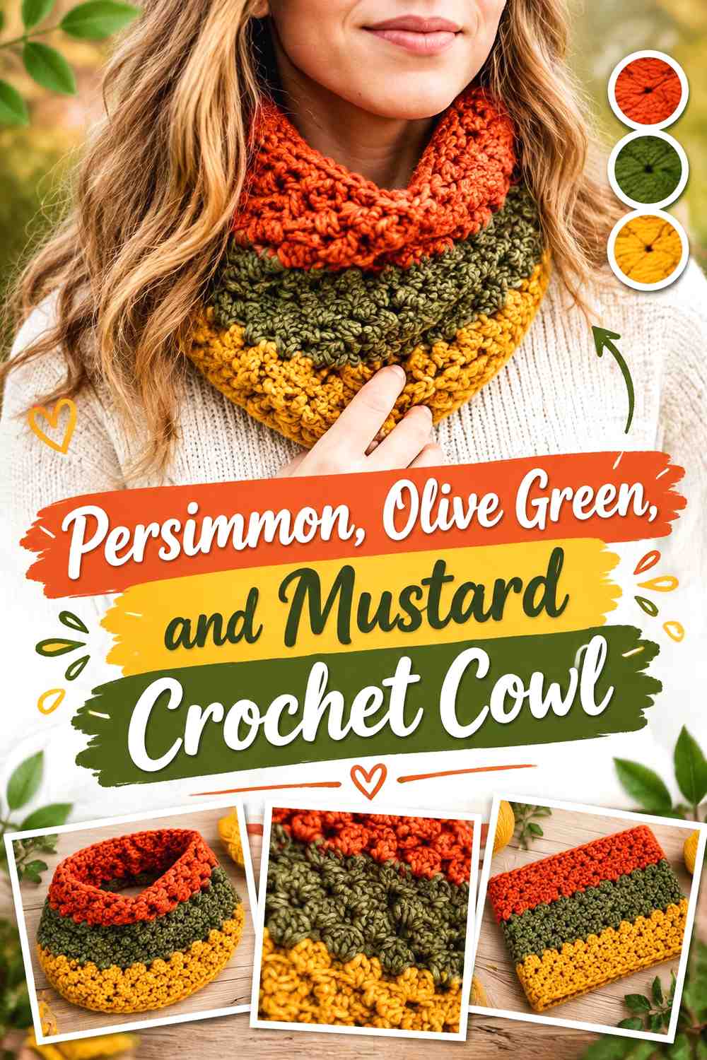 4. Persimmon Olive Green And Mustard Crochet Cowl
