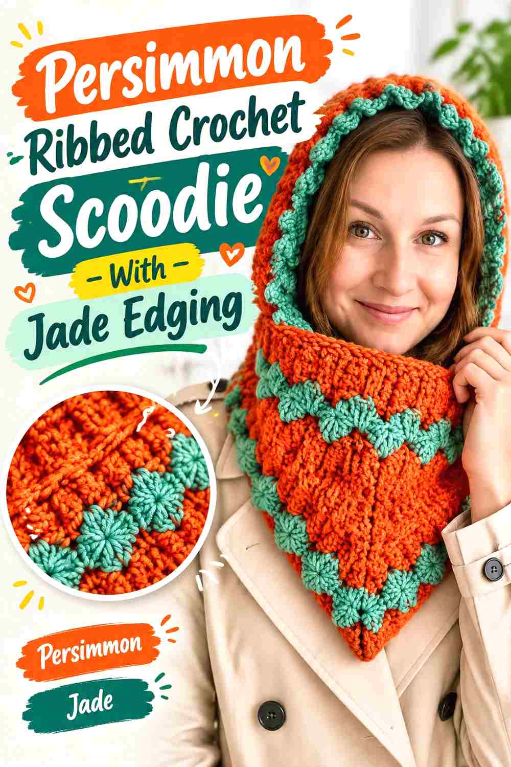 13. Persimmon Ribbed Crochet Scoodie With Jade Edging