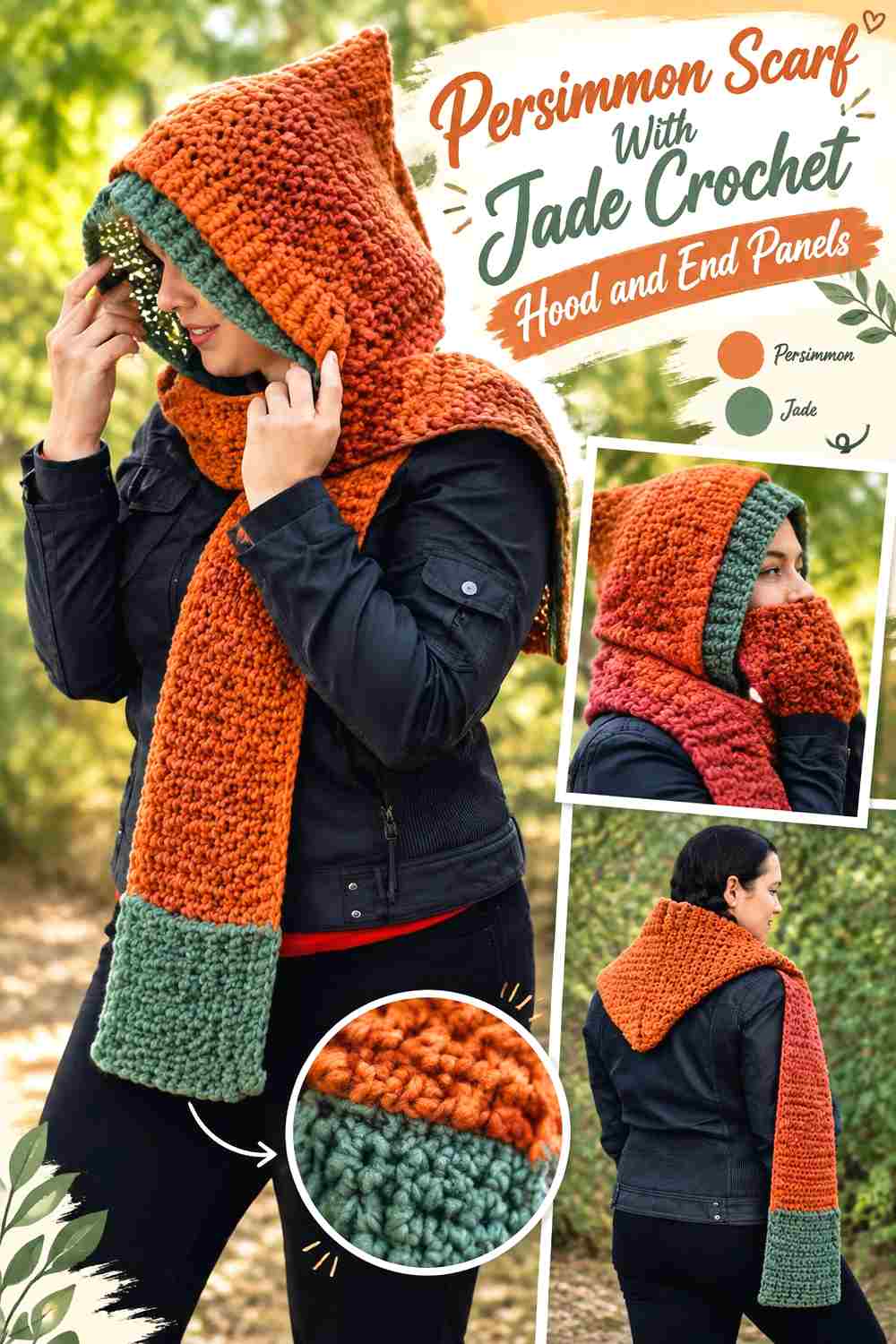 7. Persimmon Scarf With Jade Crochet Hood And End Panels