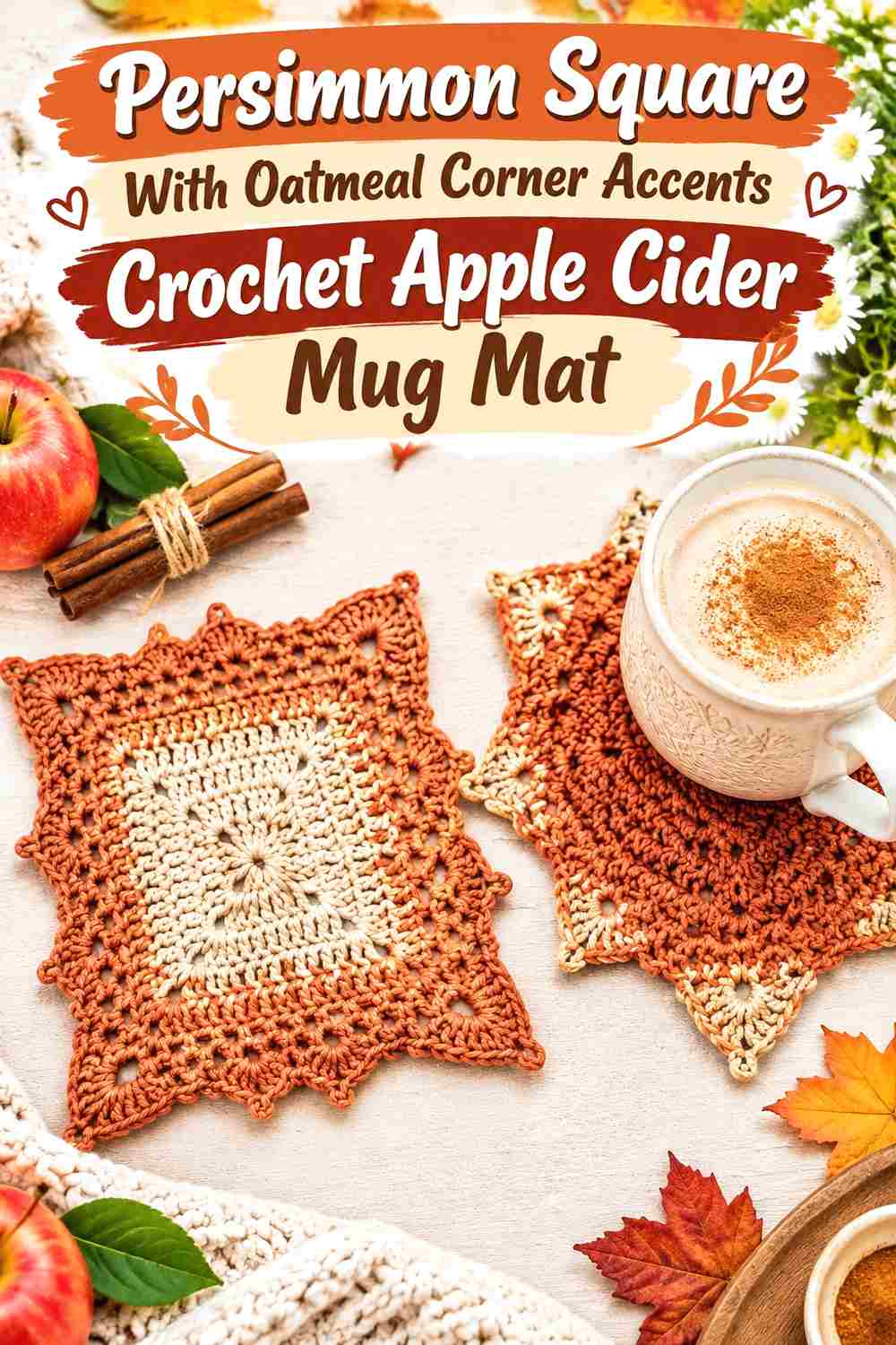 7. Persimmon Square With Oatmeal Corner Accents Crochet Apple Cider Mug Mat