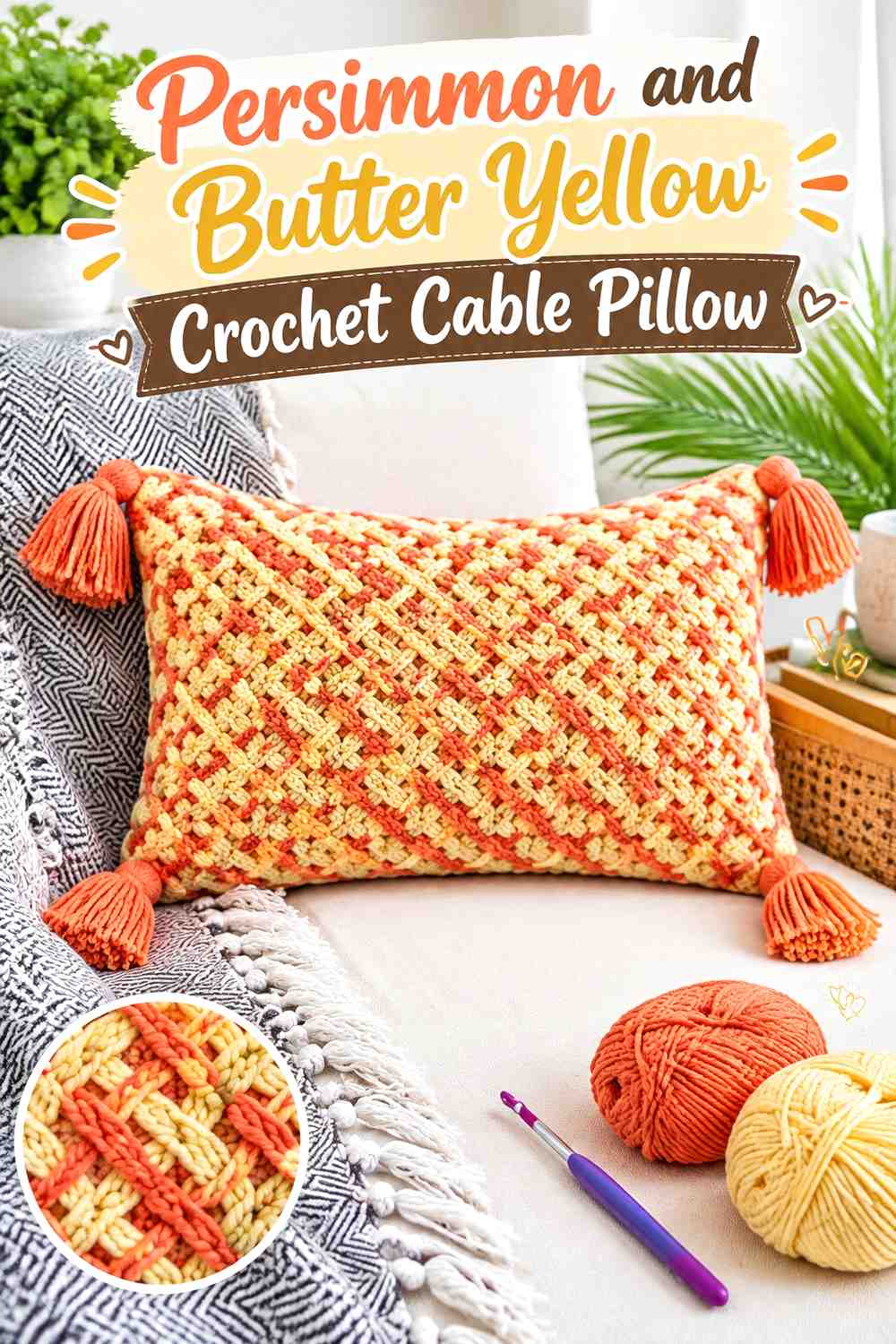1. Persimmon And Butter Yellow Crochet Cable Pillow