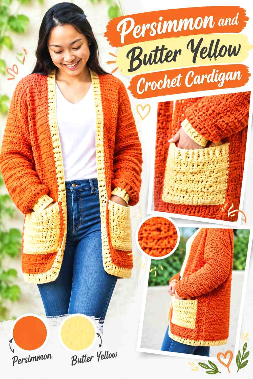 3. Persimmon And Butter Yellow Crochet Cardigan