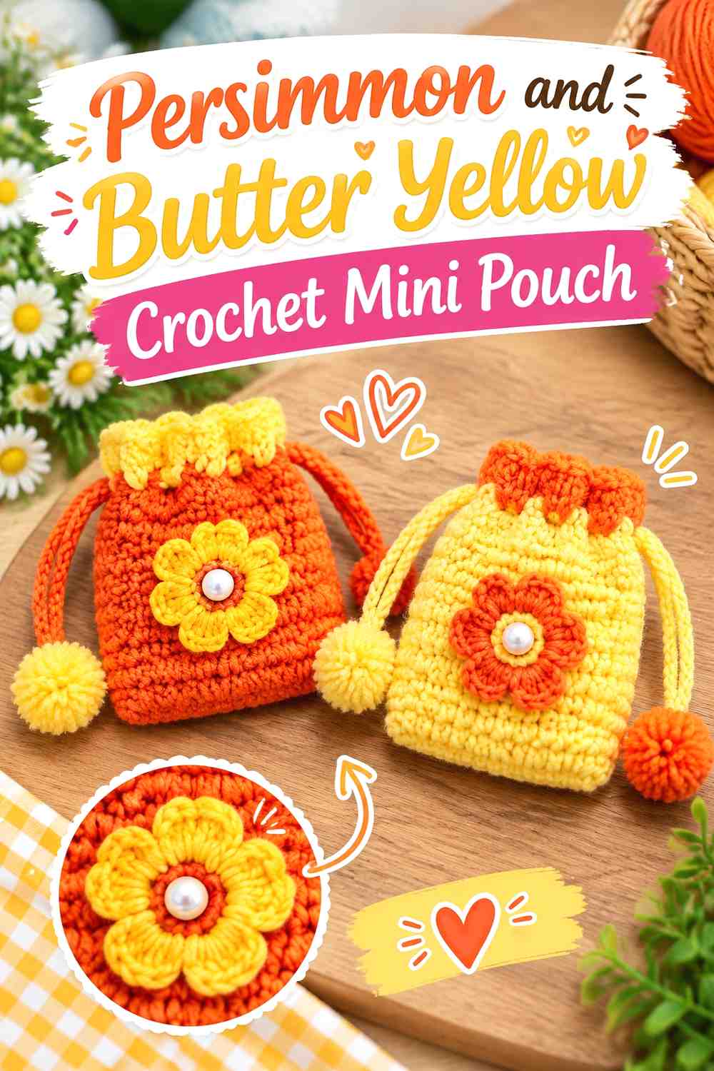 13. Persimmon And Butter Yellow Crochet Mini Pouch