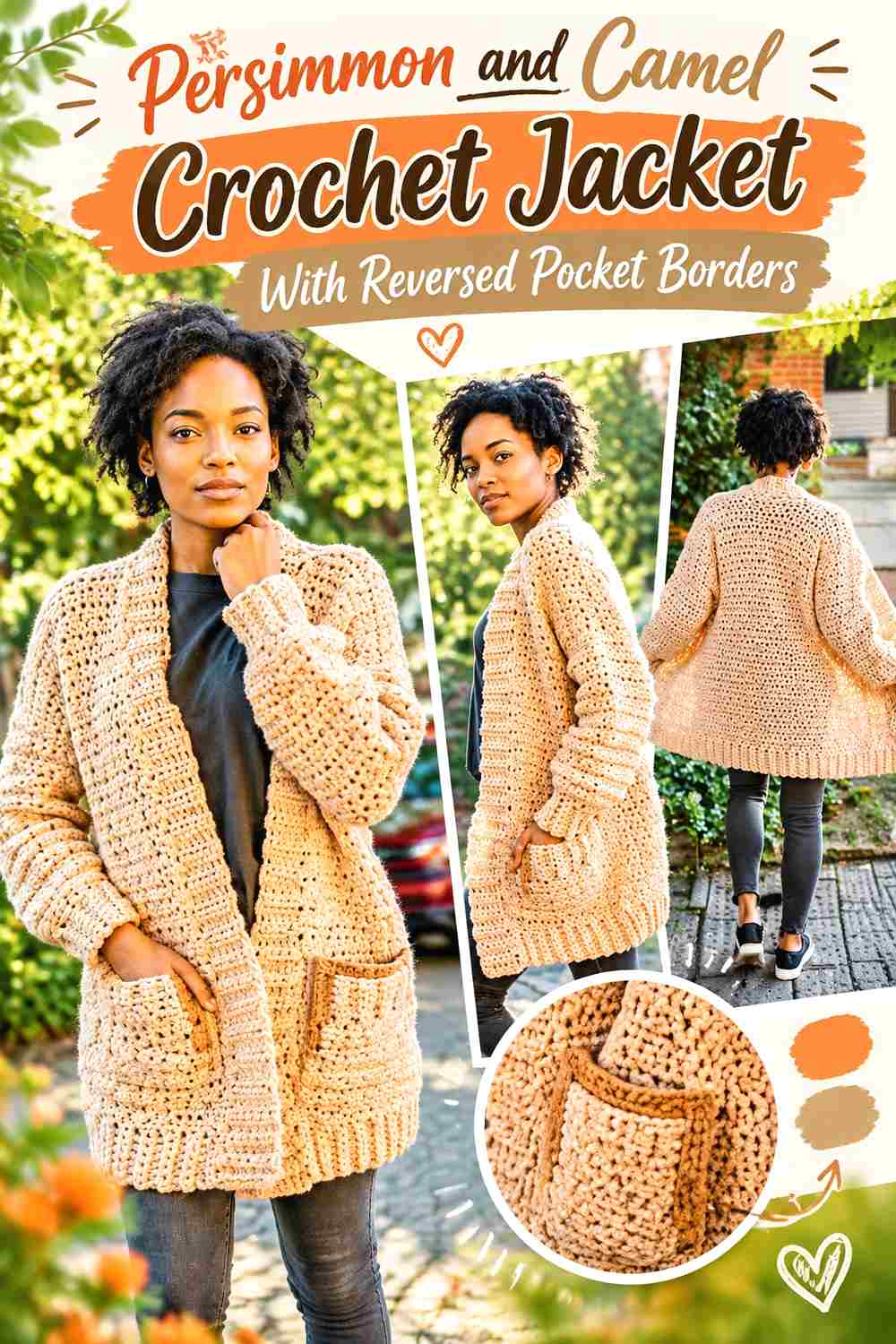 15. Persimmon And Camel Crochet Jacket With Reversed Pocket Borders