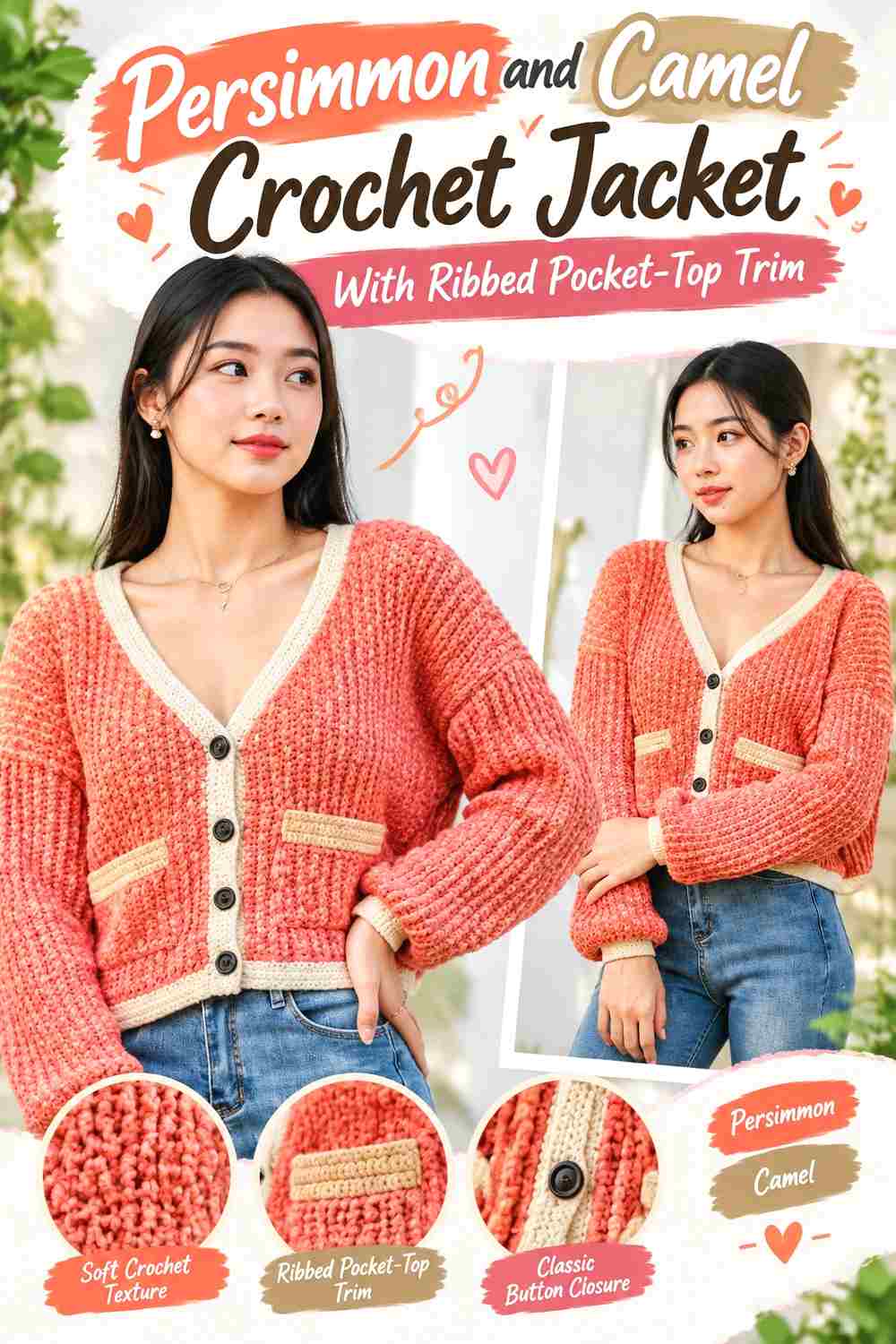 4. Persimmon And Camel Crochet Jacket With Ribbed Pocket Top Trim