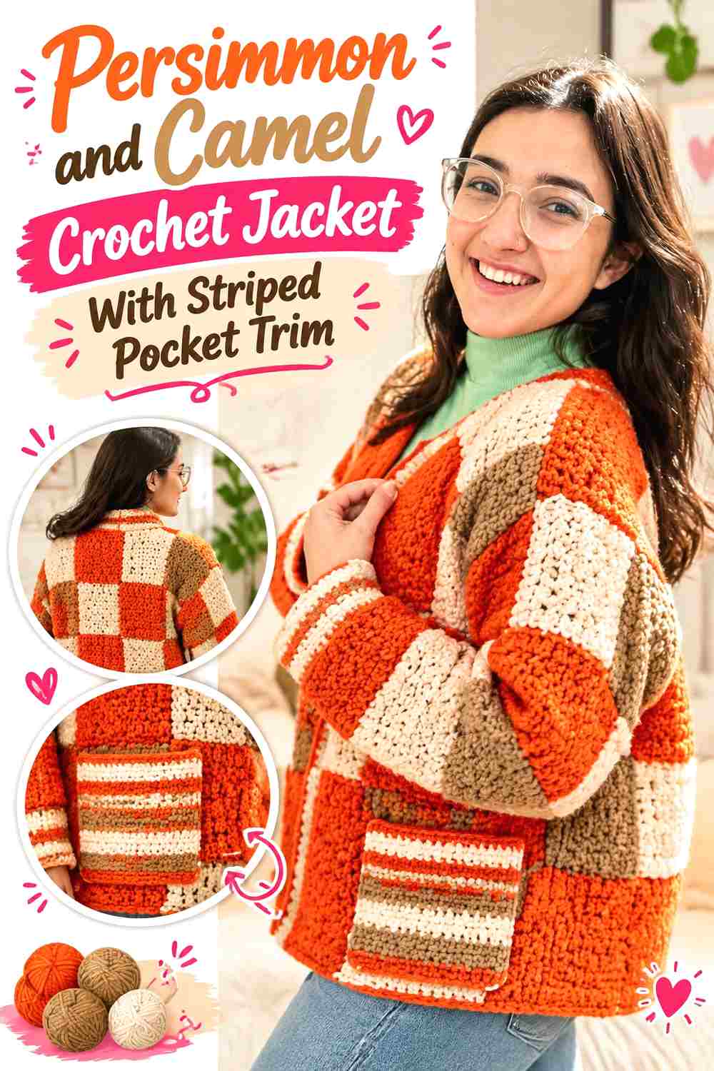 8. Persimmon And Camel Crochet Jacket With Striped Pocket Trim