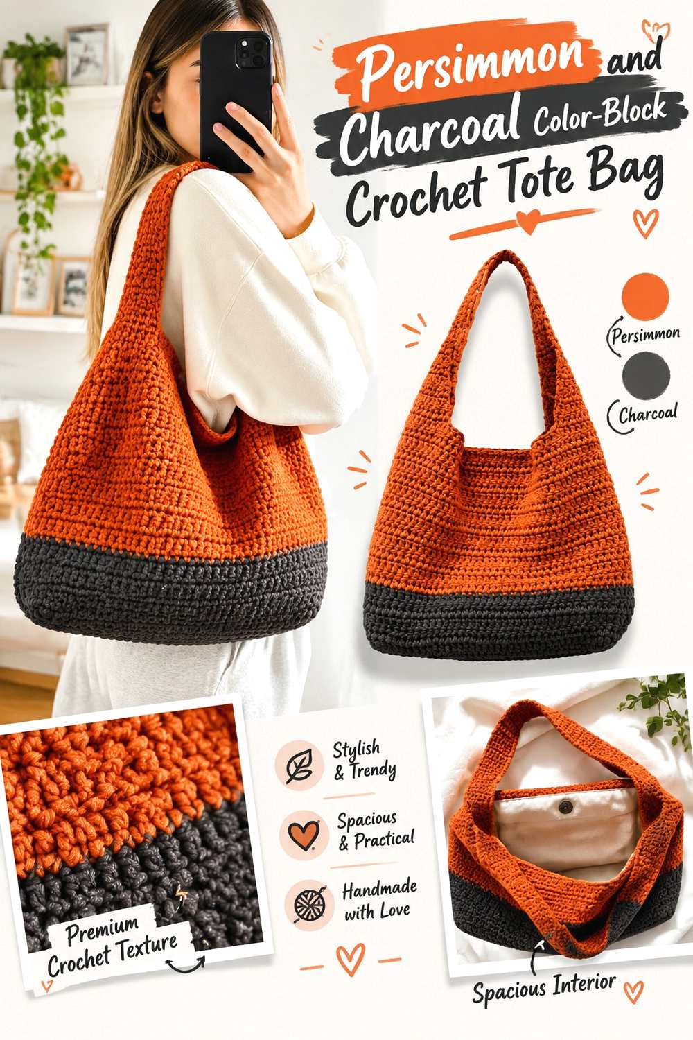 3. Persimmon And Charcoal Color Block Crochet Tote Bag
