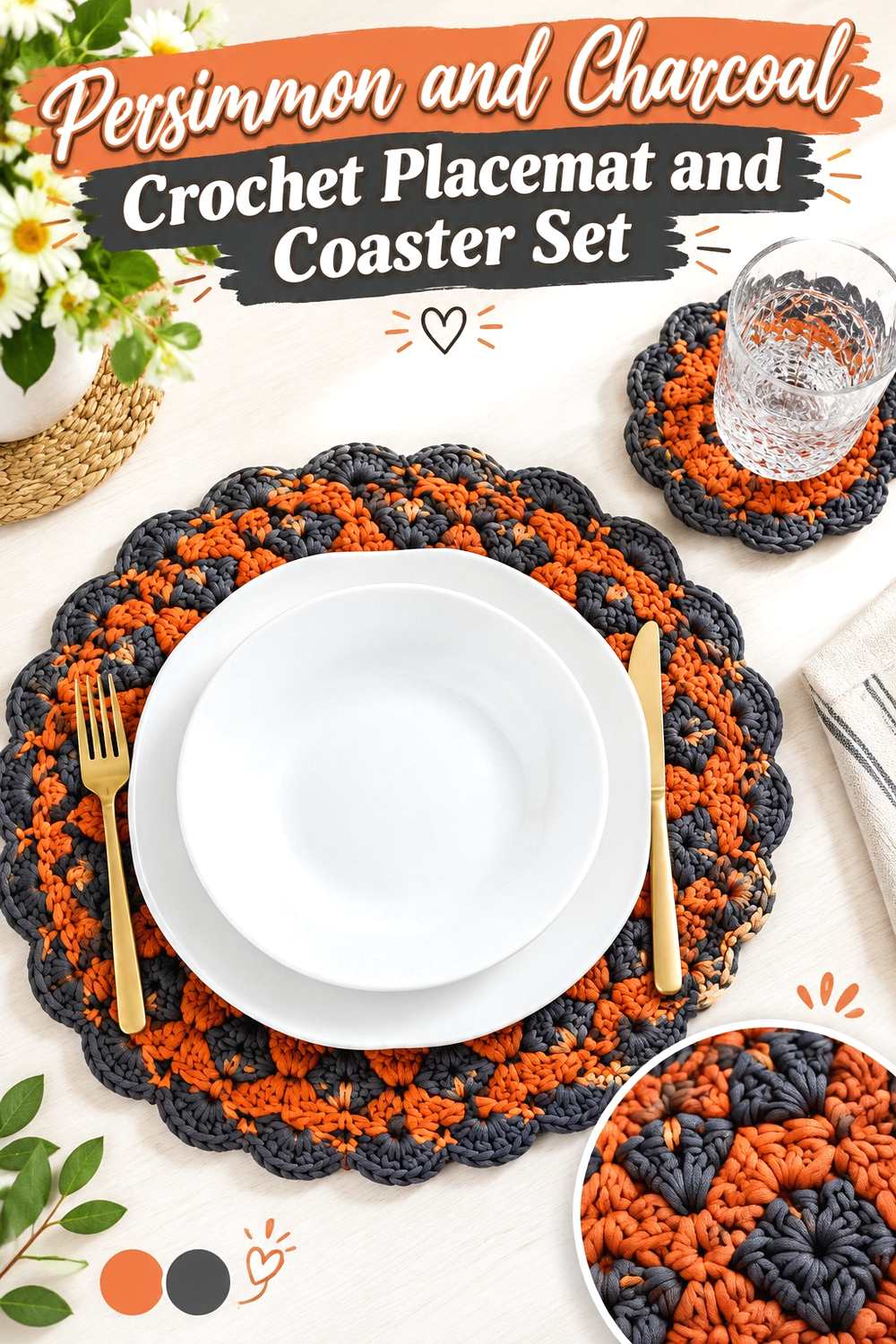 8. Persimmon And Charcoal Crochet Placemat And Coaster Set