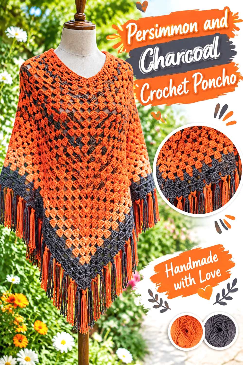 12. Persimmon And Charcoal Crochet Poncho