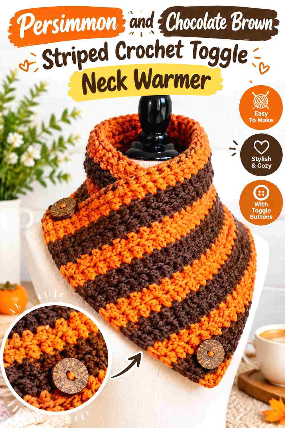 4. Persimmon And Chocolate Brown Striped Crochet Toggle Neck Warmer