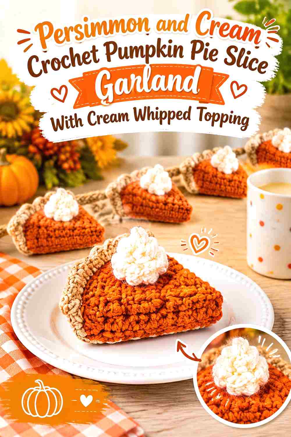 3. Persimmon And Cream Crochet Pumpkin Pie Slice Garland With Cream Whipped Topping