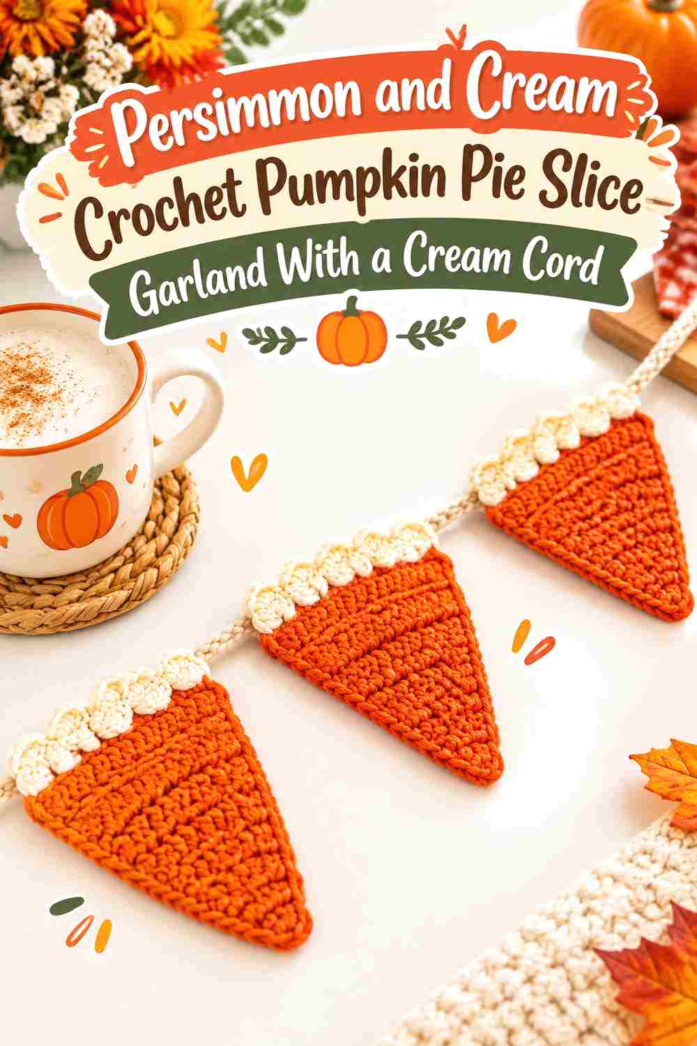 7. Persimmon And Cream Crochet Pumpkin Pie Slice Garland With A Cream Cord