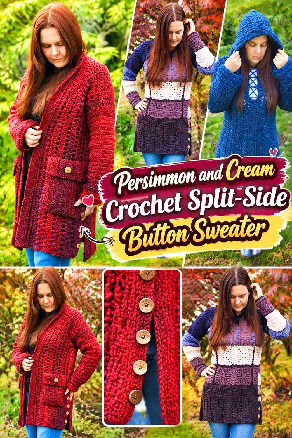 13. Persimmon And Cream Crochet Split Side Button Sweater