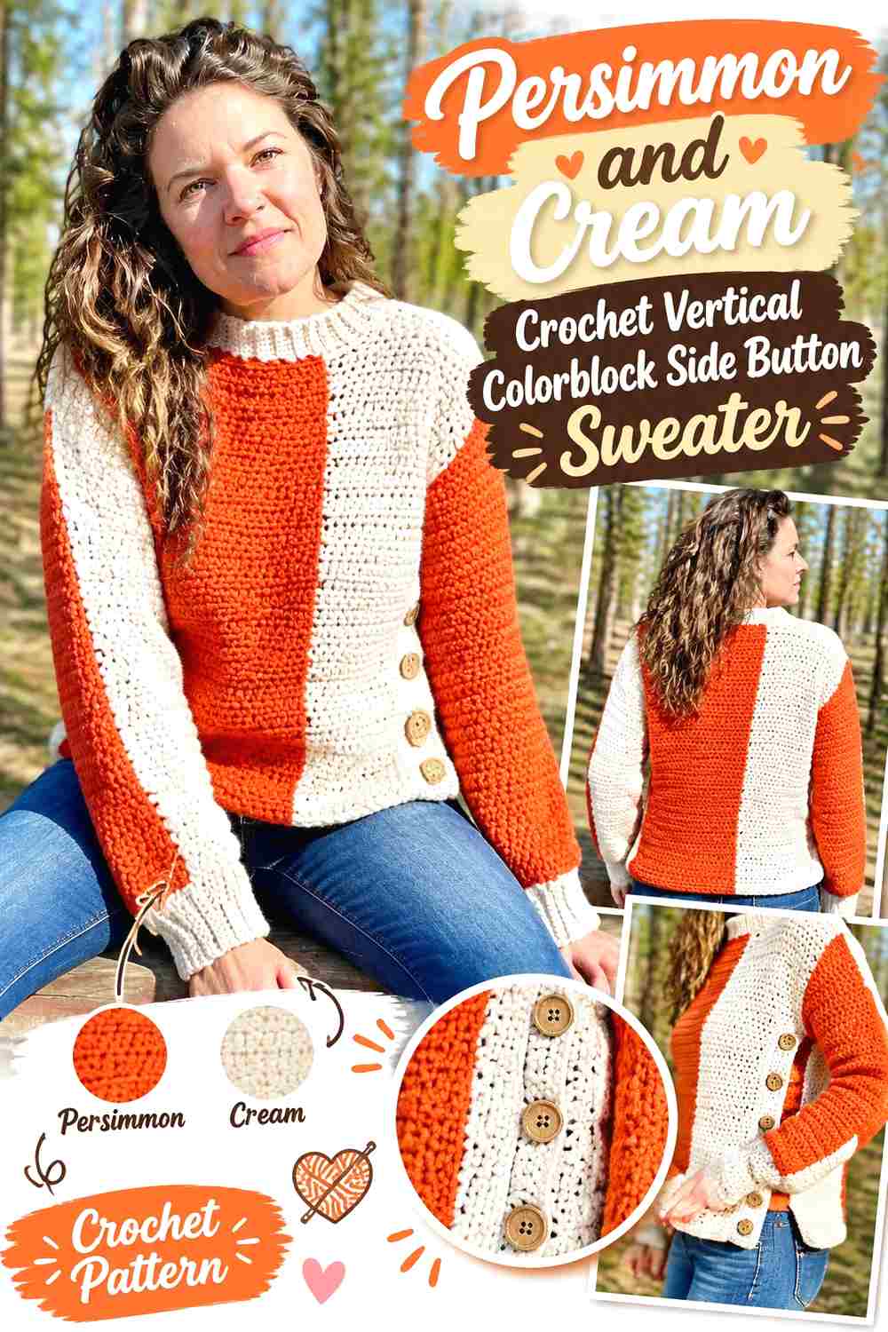 11. Persimmon And Cream Crochet Vertical Colorblock Side Button Sweater