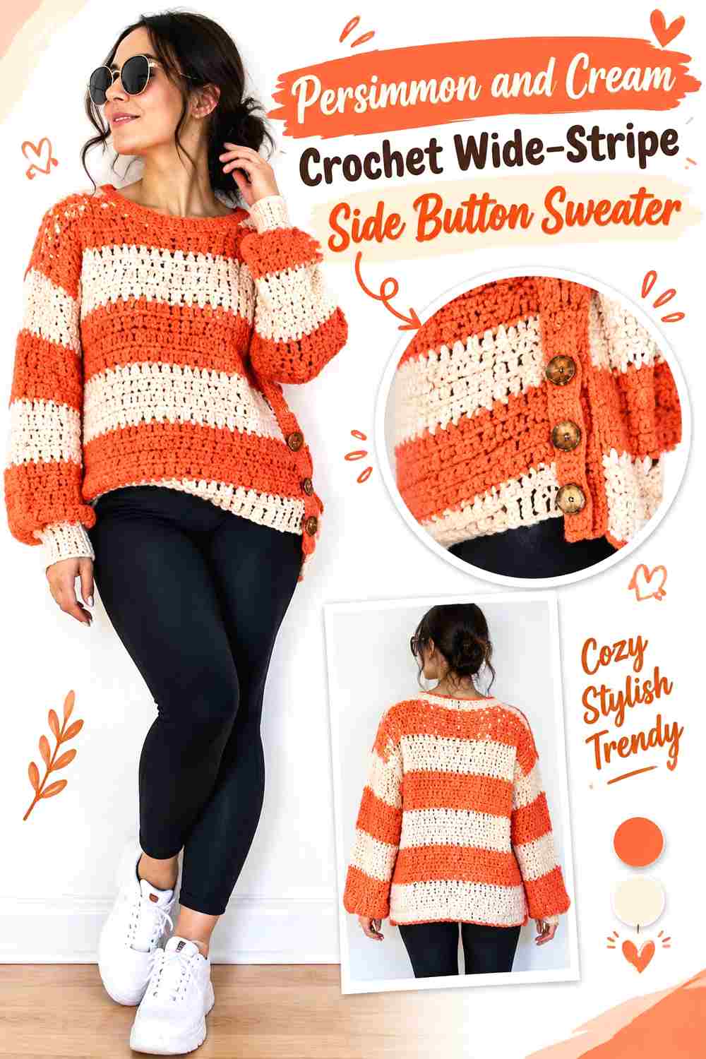7. Persimmon And Cream Crochet Wide Stripe Side Button Sweater