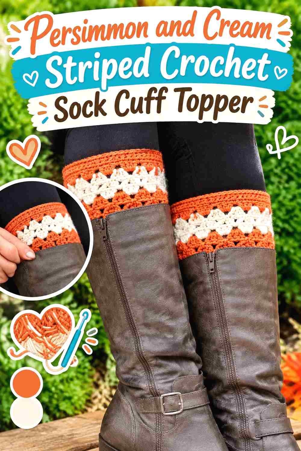 5. Persimmon And Cream Striped Crochet Sock Cuff Topper
