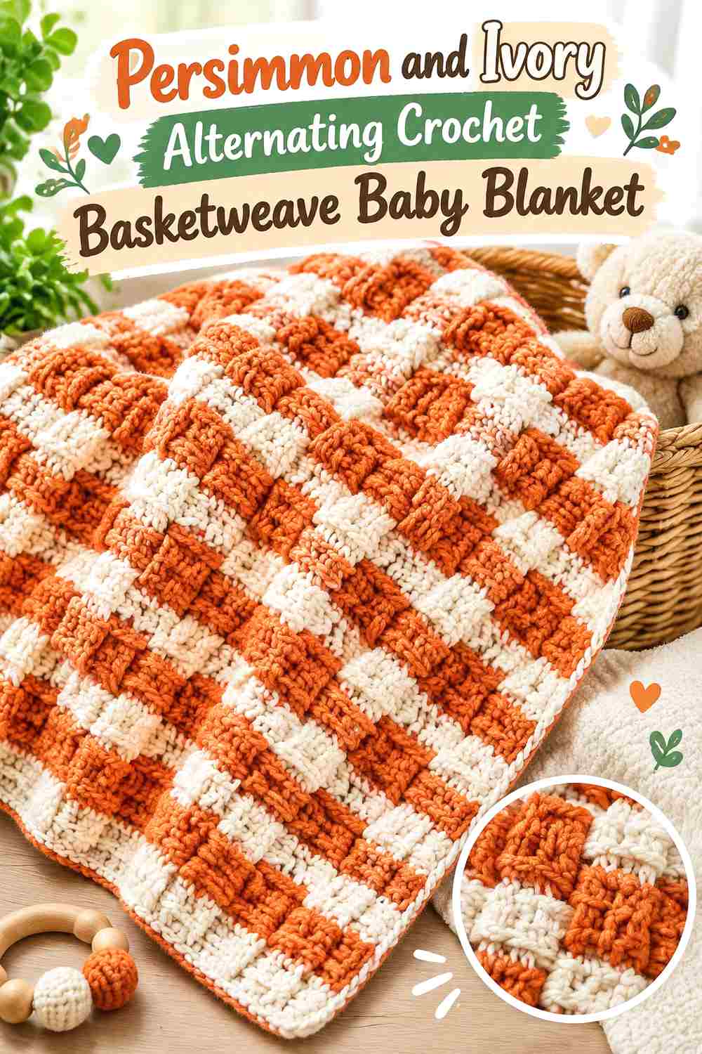 7. Persimmon And Ivory Alternating Crochet Basketweave Baby Blanket