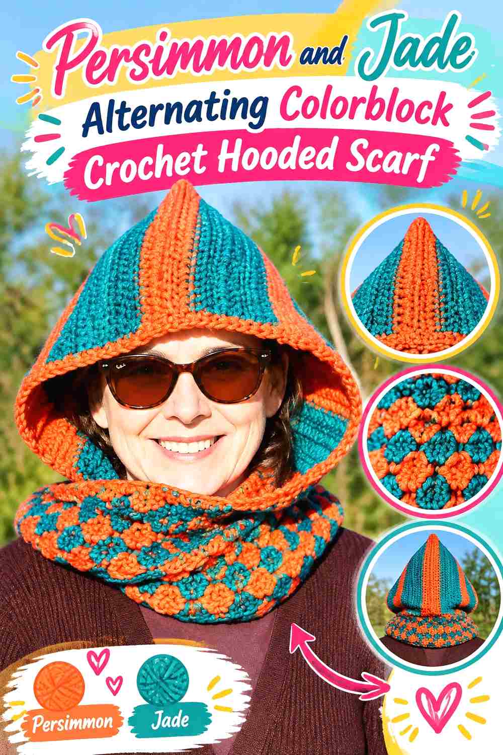 15. Persimmon And Jade Alternating Colorblock Crochet Hooded Scarf