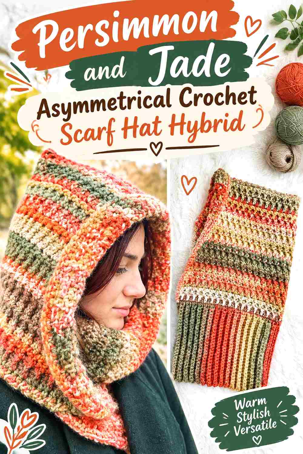 16. Persimmon And Jade Asymmetrical Crochet Scarf Hat Hybrid