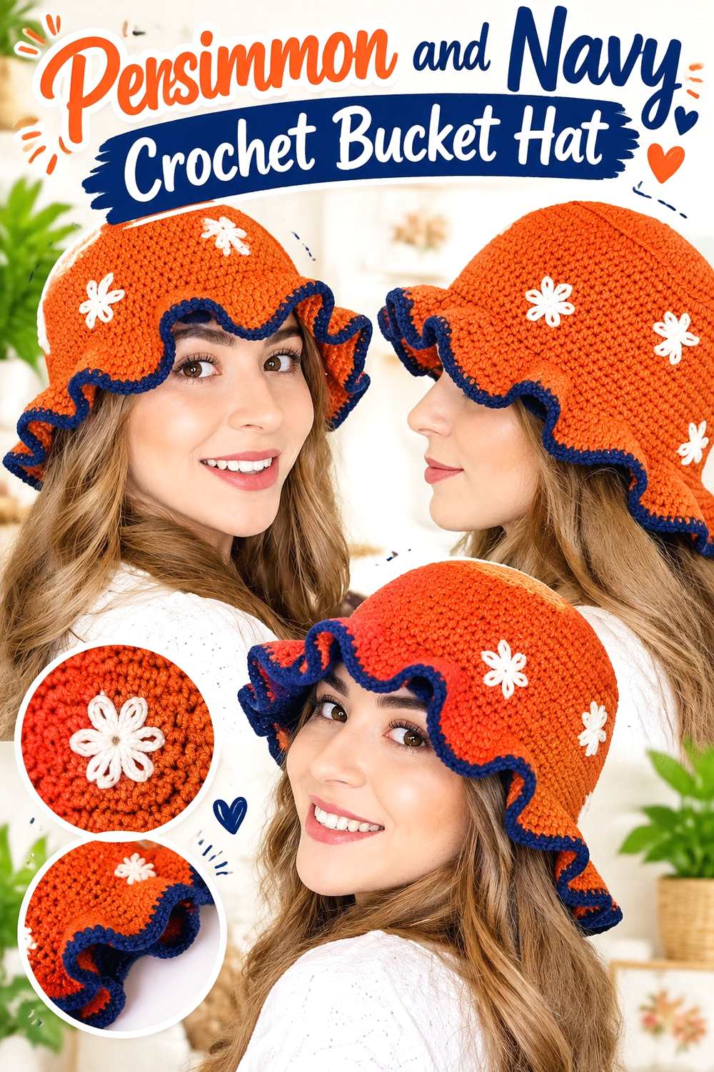 3. Persimmon And Navy Crochet Bucket Hat