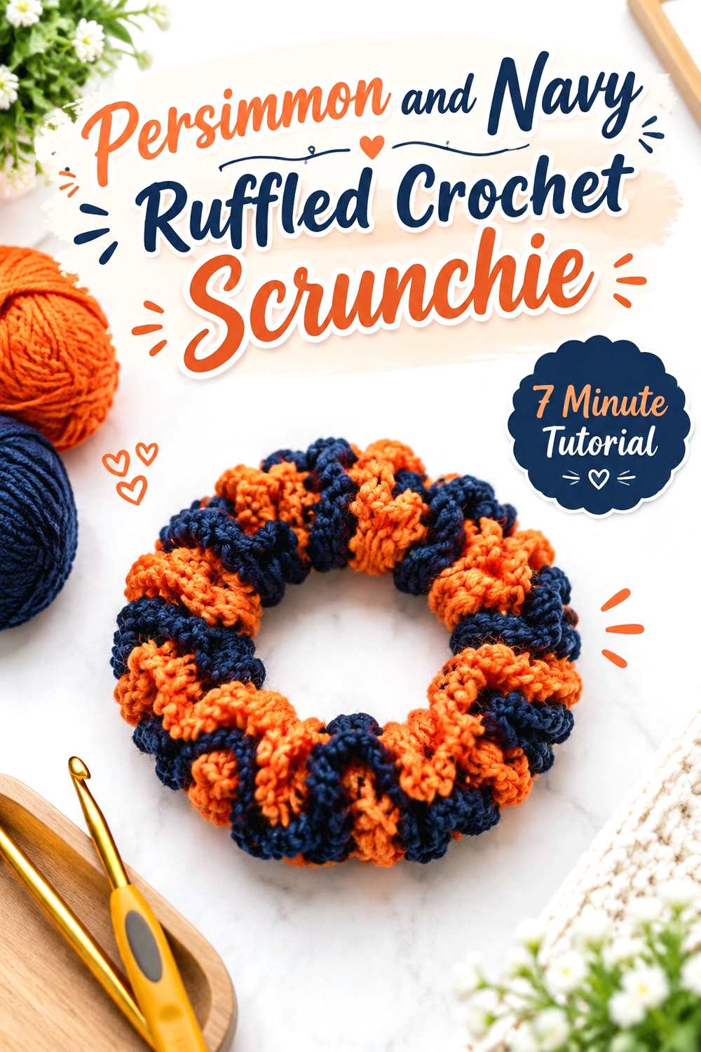9. Persimmon And Navy Ruffled Crochet Scrunchie