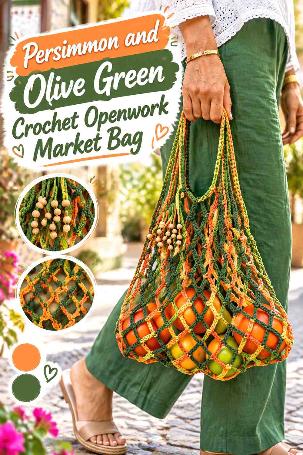 2. Persimmon And Olive Green Crochet Openwork Market Bag