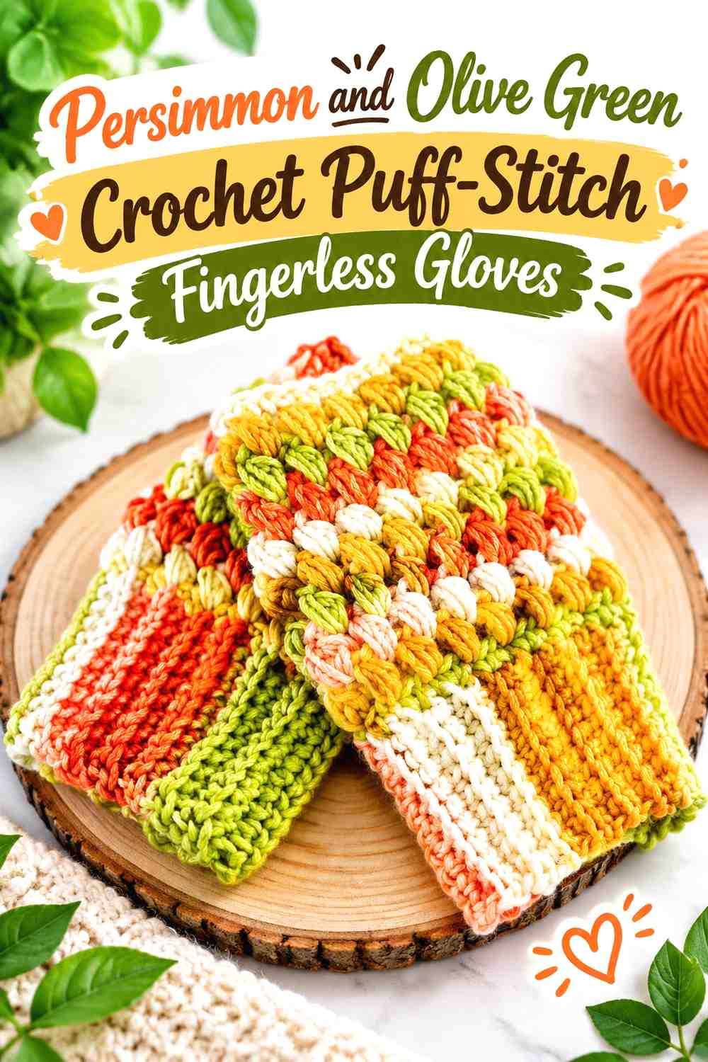 10. Persimmon And Olive Green Crochet Puff Stitch Fingerless Gloves