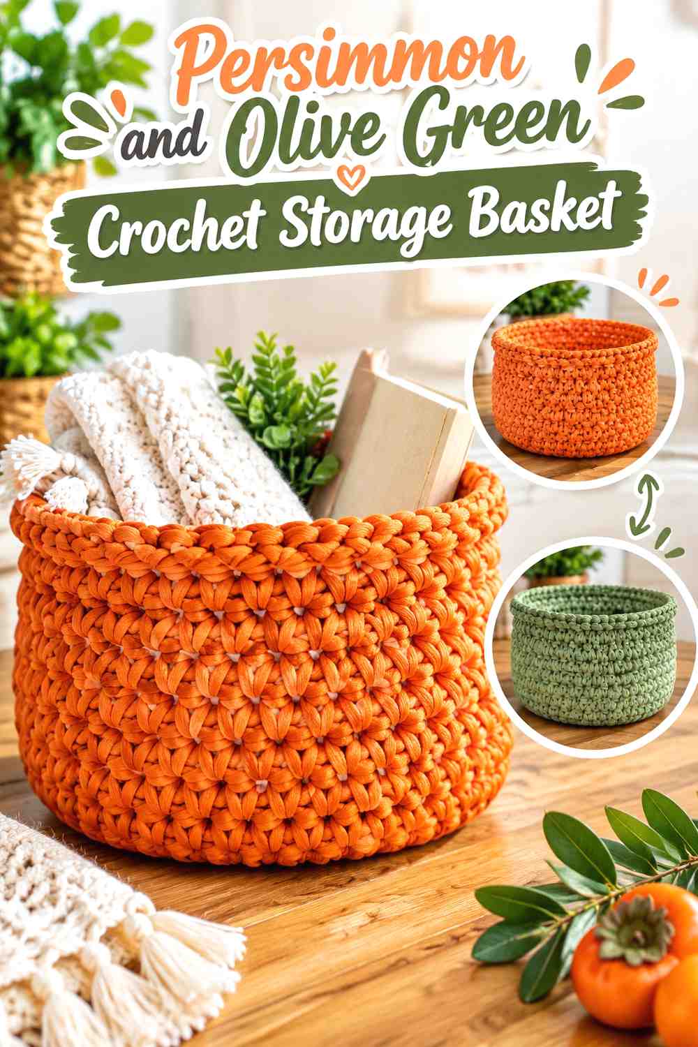 6. Persimmon And Olive Green Crochet Storage Basket