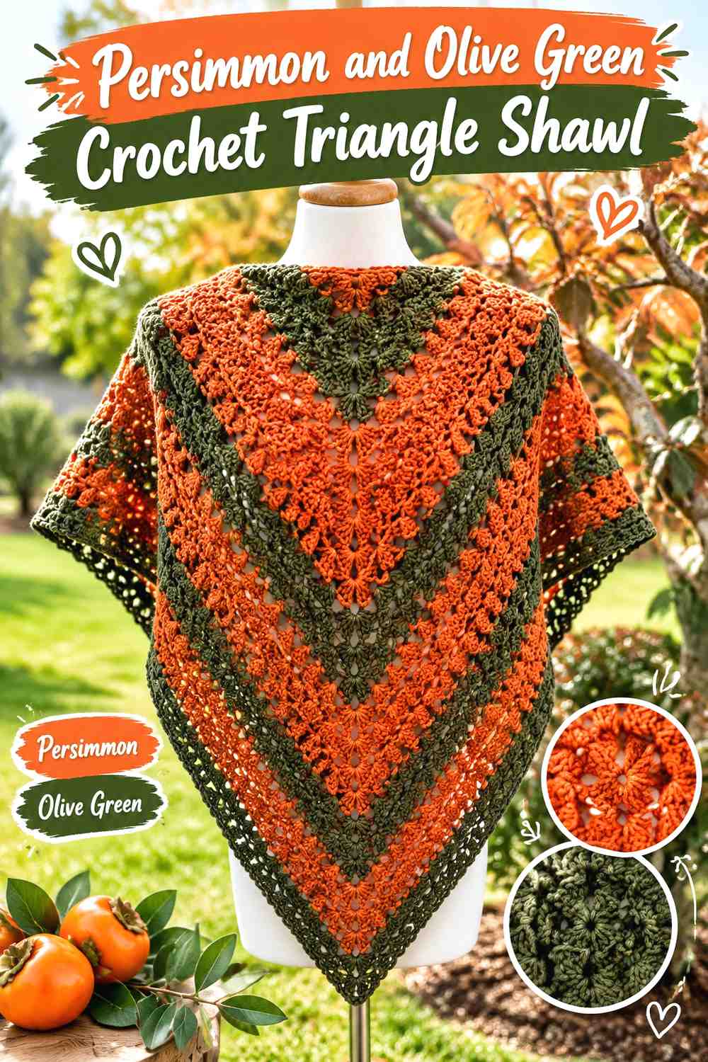 8. Persimmon And Olive Green Crochet Triangle Shawl